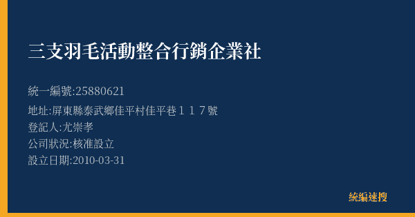 三支羽毛活動整合行銷企業社的照片-統編 25880621(屏東縣) 公司登記資料與營業項目詳細圖表