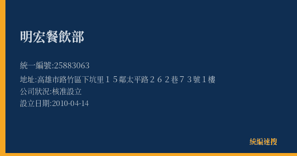 明宏餐飲部的照片-統編 25883063(高雄市) 公司登記資料與營業項目詳細圖表