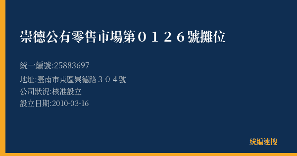 崇德公有零售市場第0126號攤位的照片-統編 25883697(臺南市) 公司登記資料與營業項目詳細圖表