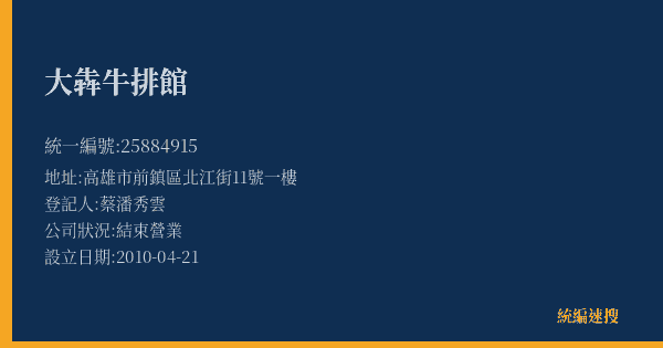 大犇牛排館的照片-統編 25884915(高雄市) 公司登記資料與營業項目詳細圖表