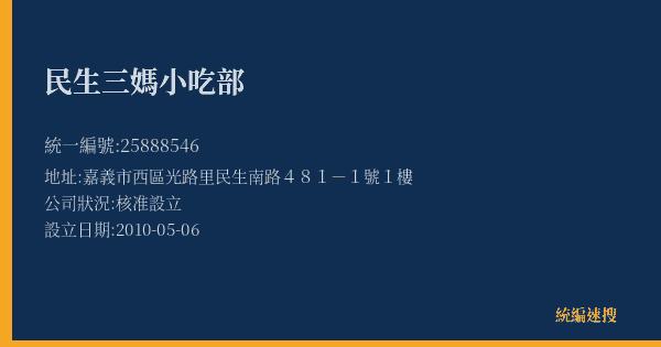 民生三媽小吃部的照片-統編 25888546(嘉義市) 公司登記資料與營業項目詳細圖表