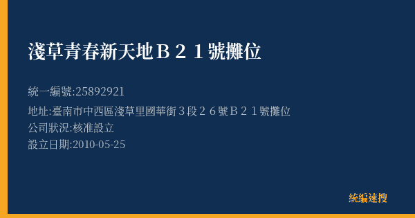 淺草青春新天地B21號攤位的照片-統編 25892921(臺南市) 公司登記資料與營業項目詳細圖表