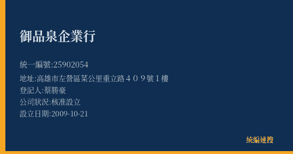 御品泉企業行的照片-統編 25902054(高雄市) 公司登記資料與營業項目詳細圖表