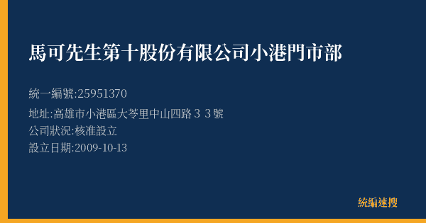 馬可先生第十股份有限公司小港門市部的照片-統編 25951370(高雄市) 公司登記資料與營業項目詳細圖表