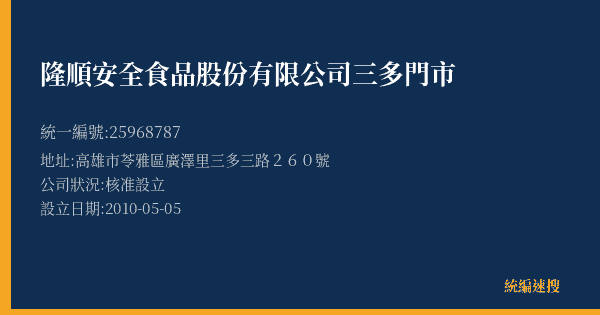 隆順安全食品股份有限公司三多門市的照片-統編 25968787(高雄市) 公司登記資料與營業項目詳細圖表