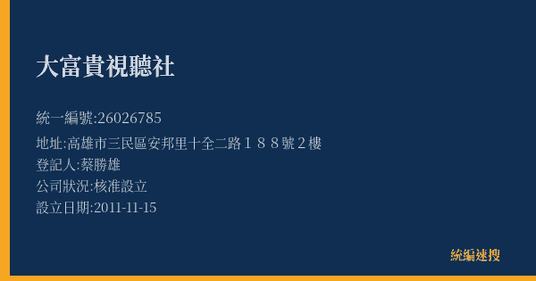 大富貴視聽社的照片-統編 26026785(高雄市) 公司登記資料與營業項目詳細圖表
