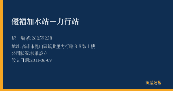 優褔加水站-力行站的照片-統編 26059238(高雄市) 公司登記資料與營業項目詳細圖表