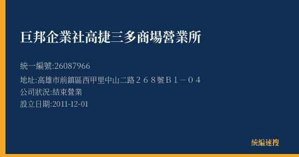 巨邦企業社高捷三多商場營業所的照片-統編 26087966(高雄市) 公司登記資料與營業項目詳細圖表