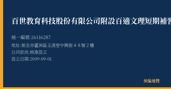 百世教育科技股份有限公司附設百適文理短期補習班的照片-統編 26116287(新北市) 公司登記資料與營業項目詳細圖表
