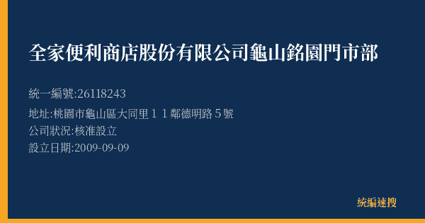 全家便利商店股份有限公司龜山銘園門市部的照片-統編 26118243(桃園市) 公司登記資料與營業項目詳細圖表