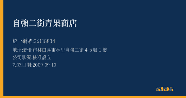 自強二街青果商店的照片-統編 26118834(新北市) 公司登記資料與營業項目詳細圖表