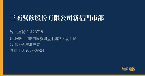 三商餐飲股份有限公司新福門市部的照片-統編 26123718(新北市) 公司登記資料與營業項目詳細圖表