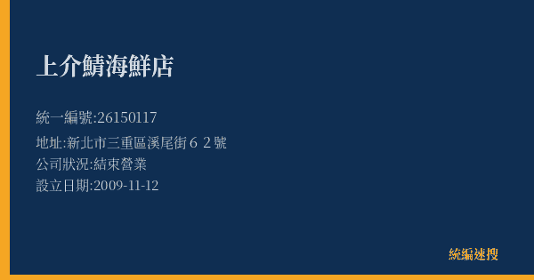 上介鯖海鮮店的照片-統編 26150117(新北市) 公司登記資料與營業項目詳細圖表