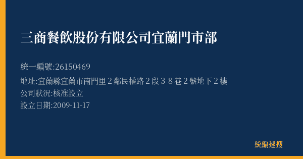 三商餐飲股份有限公司宜蘭門市部的照片-統編 26150469(宜蘭縣) 公司登記資料與營業項目詳細圖表