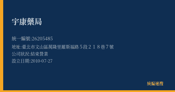 宇康藥局的照片-統編 26205485(臺北市) 公司登記資料與營業項目詳細圖表