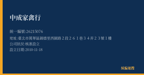 中成家禽行的照片-統編 26215076(臺北市) 公司登記資料與營業項目詳細圖表