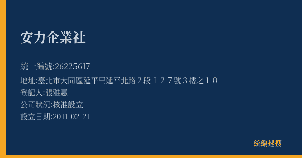 安力企業社的照片-統編 26225617(臺北市) 公司登記資料與營業項目詳細圖表