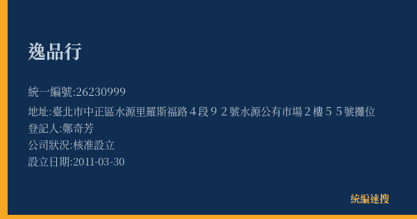 逸品行的照片-統編 26230999(臺北市) 公司登記資料與營業項目詳細圖表