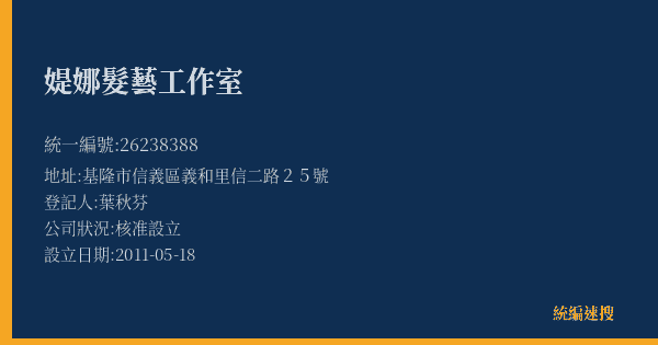 媞娜髮藝工作室的照片-統編 26238388(基隆市) 公司登記資料與營業項目詳細圖表