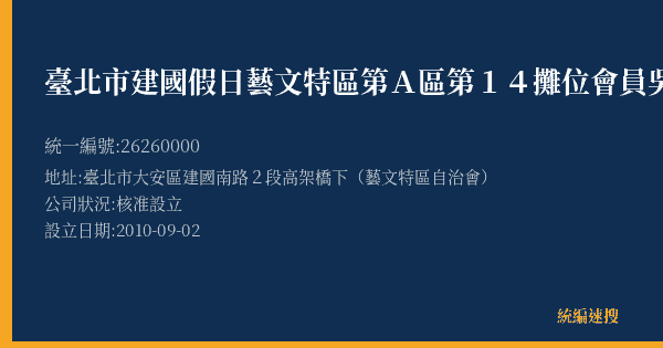 臺北市建國假日藝文特區第A區第14攤位會員吳文山的照片-統編 26260000(臺北市) 公司登記資料與營業項目詳細圖表