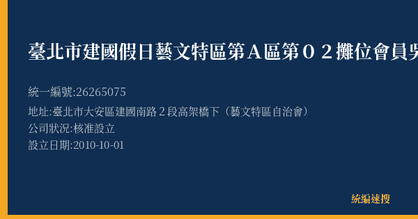 臺北市建國假日藝文特區第A區第02攤位會員吳振文的照片-統編 26265075(臺北市) 公司登記資料與營業項目詳細圖表