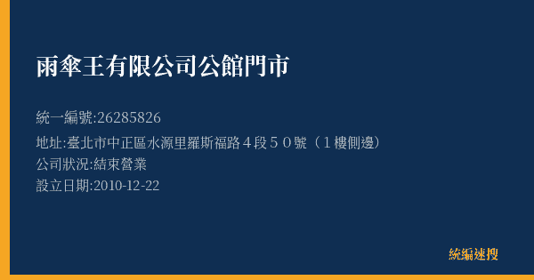 雨傘王有限公司公館門市的照片-統編 26285826(臺北市) 公司登記資料與營業項目詳細圖表