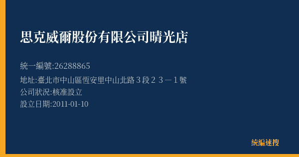 思克威爾股份有限公司晴光店的照片-統編 26288865(臺北市) 公司登記資料與營業項目詳細圖表
