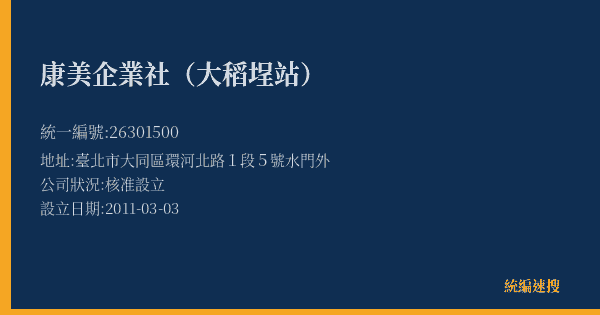 康美企業社(大稻埕站)的照片-統編 26301500(臺北市) 公司登記資料與營業項目詳細圖表