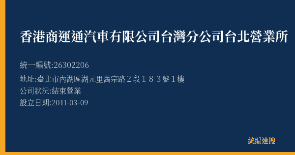 香港商運通汽車有限公司台灣分公司台北營業所的照片-統編 26302206(臺北市) 公司登記資料與營業項目詳細圖表