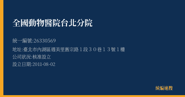 全國動物醫院台北分院的照片-統編 26330569(臺北市) 公司登記資料與營業項目詳細圖表