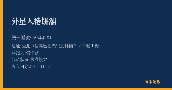 外星人捲餅舖的照片-統編 26344281(臺北市) 公司登記資料與營業項目詳細圖表