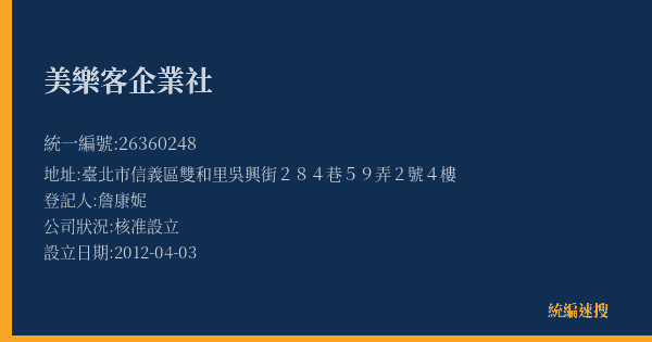 美樂客企業社的照片-統編 26360248(臺北市) 公司登記資料與營業項目詳細圖表