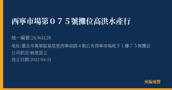 西寧市場第075號攤位高洪水產行的照片-統編 26361128(臺北市) 公司登記資料與營業項目詳細圖表