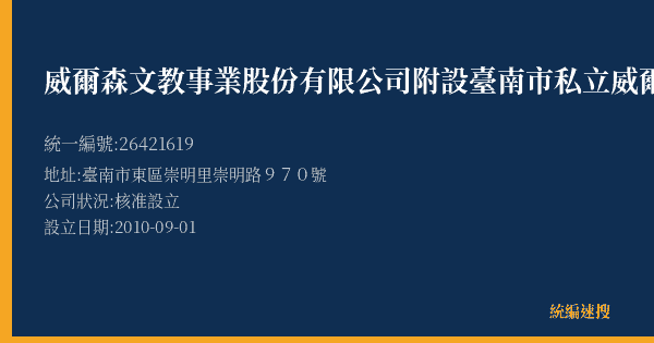威爾森文教事業股份有限公司附設臺南市私立威爾森文理短期補習班的照片-統編 26421619(臺南市) 公司登記資料與營業項目詳細圖表