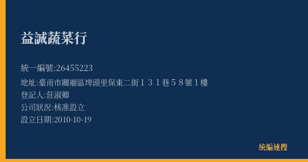 益誠蔬菜行的照片-統編 26455223(臺南市) 公司登記資料與營業項目詳細圖表