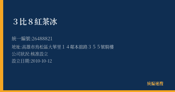 3比8紅茶冰的照片-統編 26488821(高雄市) 公司登記資料與營業項目詳細圖表