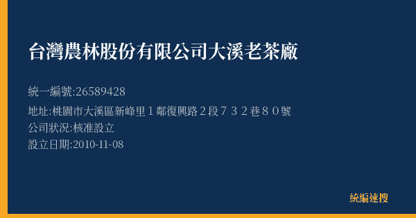 台灣農林股份有限公司大溪老茶廠的照片-統編 26589428(桃園市) 公司登記資料與營業項目詳細圖表