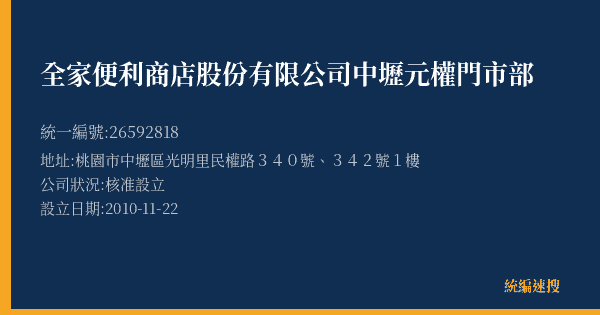全家便利商店股份有限公司中壢元權門市部的照片-統編 26592818(桃園市) 公司登記資料與營業項目詳細圖表