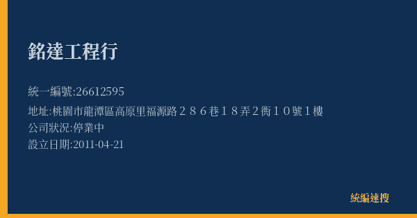 銘達工程行的照片-統編 26612595(桃園市) 公司登記資料與營業項目詳細圖表
