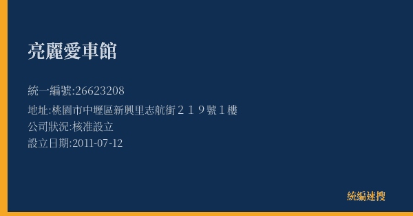亮麗愛車館的照片-統編 26623208(桃園市) 公司登記資料與營業項目詳細圖表