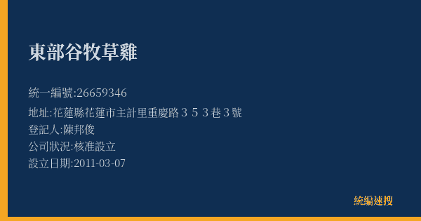 東部谷牧草雞的照片-統編 26659346(花蓮縣) 公司登記資料與營業項目詳細圖表