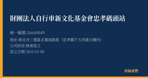 財團法人自行車新文化基金會忠孝碼頭站的照片-統編 26660049(新北市) 公司登記資料與營業項目詳細圖表