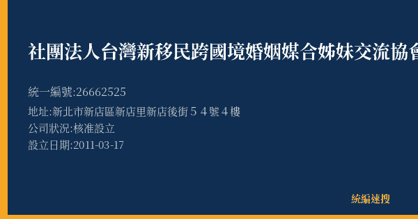 社團法人台灣新移民跨國境婚姻媒合姊妹交流協會的照片-統編 26662525(新北市) 公司登記資料與營業項目詳細圖表