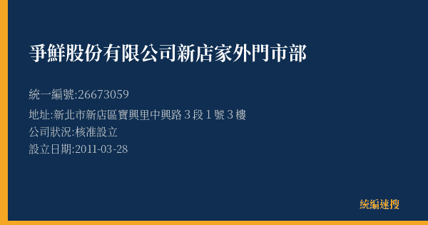 爭鮮股份有限公司新店家外門市部的照片-統編 26673059(新北市) 公司登記資料與營業項目詳細圖表