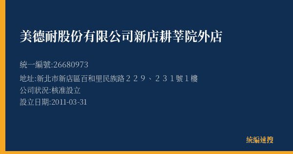 美德耐股份有限公司新店耕莘院外店的照片-統編 26680973(新北市) 公司登記資料與營業項目詳細圖表
