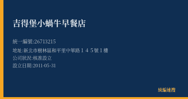 吉得堡小蝸牛早餐店的照片-統編 26713215(新北市) 公司登記資料與營業項目詳細圖表