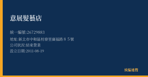 意展髮藝店的照片-統編 26729883(新北市) 公司登記資料與營業項目詳細圖表