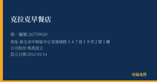 克拉克早餐店的照片-統編 26759020(新北市) 公司登記資料與營業項目詳細圖表