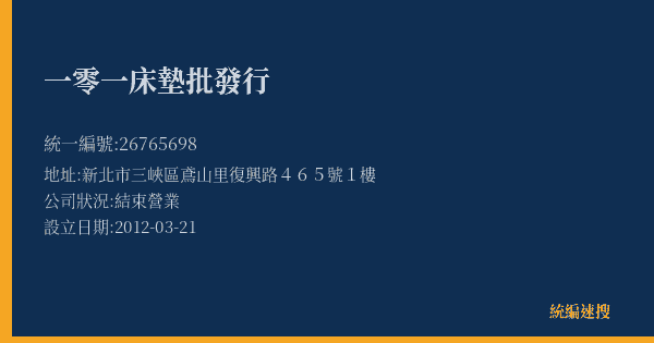一零一床墊批發行的照片-統編 26765698(新北市) 公司登記資料與營業項目詳細圖表