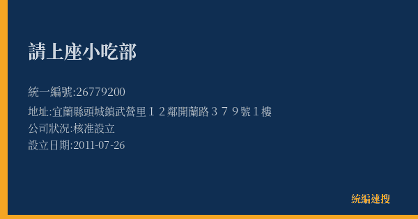 請上座小吃部的照片-統編 26779200(宜蘭縣) 公司登記資料與營業項目詳細圖表